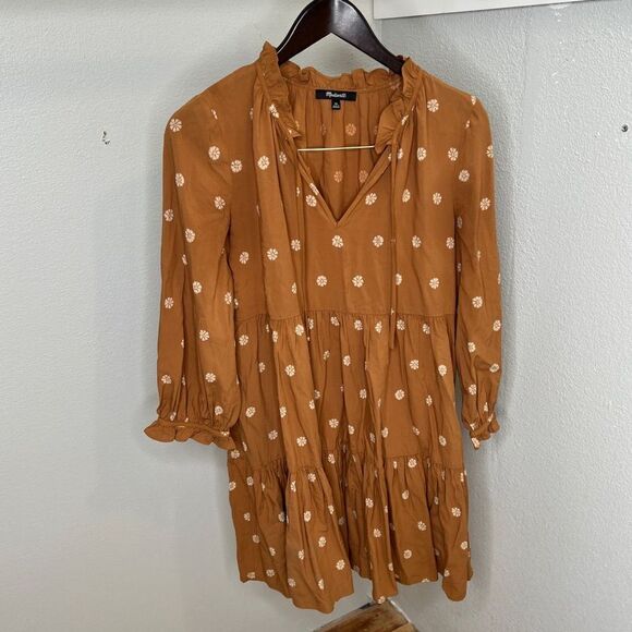 Madewell warm Hickory bloom dot tie-neck tiered min dress XS - Picture 2 of 10